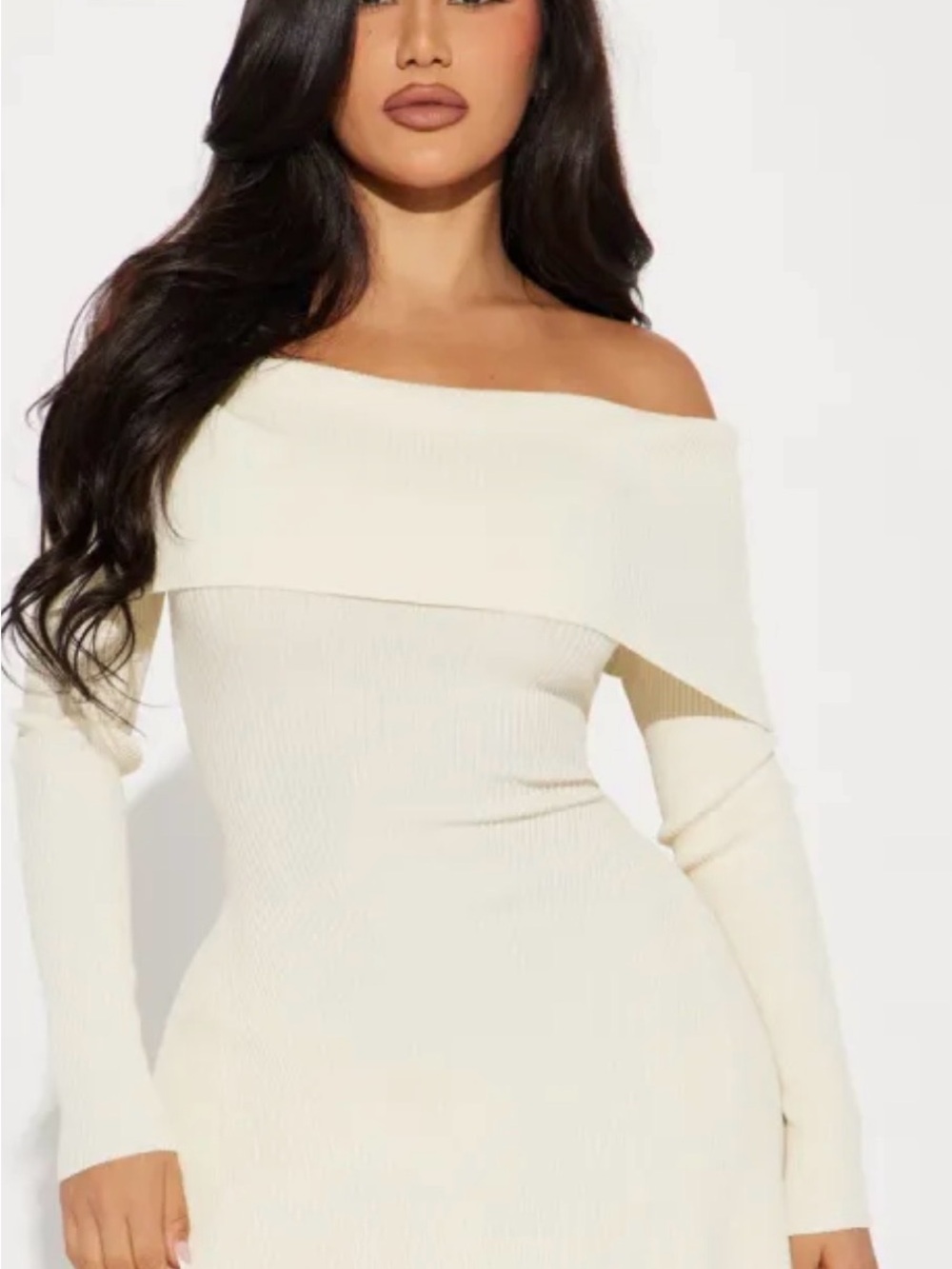Fashion Nova Cream Off-the-Shoulder Ribbed Knit Dress